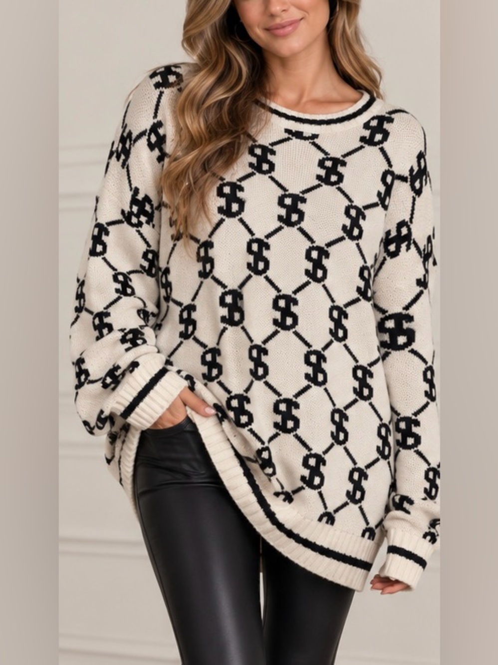 Ivory & Black Geometric Crewneck Sweater